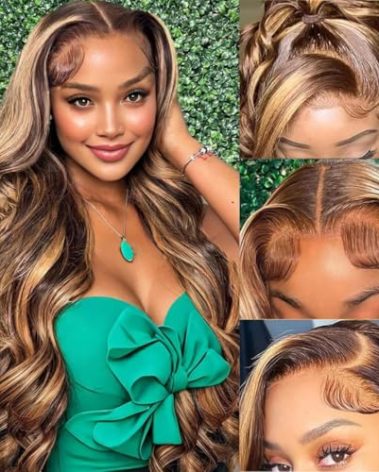 Smabuity Honey Blonde Ombre Lace Front Wig Human Hair Highlight 13X6 Body Wave Lace Front Wigs Human Hair Pre Plucked 180 Density 4/27 Glueless HD Lace Frontal Wig for Women 20 Inch