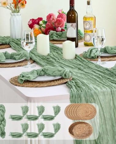 Windkream Boho Placemats Set, 6 Round Woven Placemats, 10 ft Rustic Sage Green Cheesecloth Long Table Runner, 6 Gauze Sage Green Cheesecloth Napkins, for Bridal Wedding Baby Shower Home Decoration
