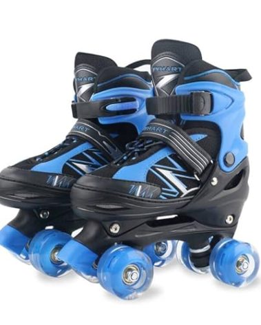 LIRENGUI Boys Roller Skates for Kids Children Beginners, Adjustable Kids Roller Skates with All Light Up Wheels for Sports, Black & Blue (Large 4-7 US)