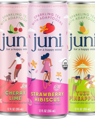 Juni Sparkling Adaptogen Drink with Ashwagandha, Lion’s Mane & Reishi Mushrooms | Green Tea for Focus, Zero Sugar, 5 Calories | Decaffeinated, Non Alcoholic Drinks – Variety Pack (12 Pack)