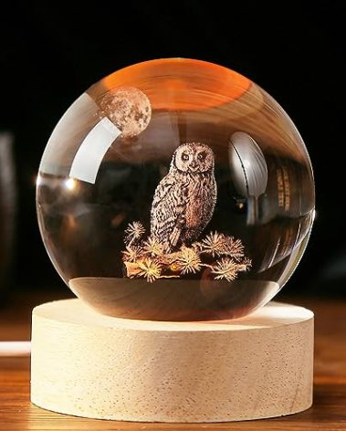 3D Owl Crystal Ball 60mm Owl Figurines in Crystal Ball Decor Collectibles Snow Globes Gift Glass Sphere with Wooden Light Base