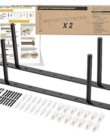 BATODA - 16" Heavy Duty Floating Shelf Bracket (2 pcs)–Solid Steel Blind Shelf Supports - Hidden Brackets for Floating Wood Shelves - Blind Shelf Support - Shelving Mounting Hardware Included (Pack 2)