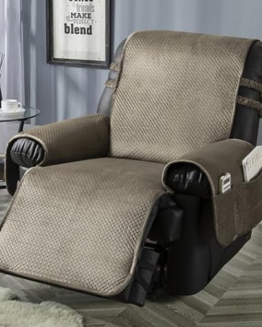 STONECREST Recliner Chair Cover, Water Resistant Velvet Quilted Slipcover, Stay in Place (Brown/Grey, Recliner 25" Regular)