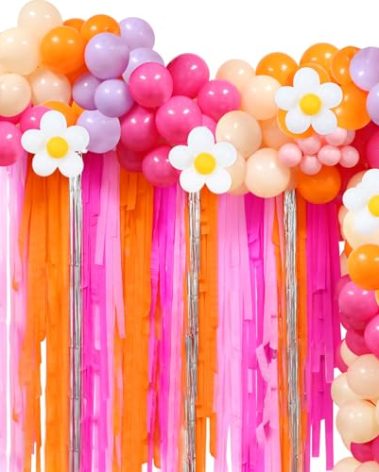 Pink Orange Groovy Balloon Arch Fringe Backdrop, Daisy Balloon Garland Arch Kit, Groovy Streamers for Flower Groovy Birthday Baby Shower Wedding Bachelorette Groovy Party Decorations