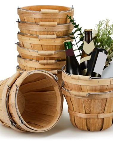 Marsui 16 Pcs 7.5 x 5.9 in Round Wooden Apple Bushel Basket Bulk with Handle Fall Harvest Basket Empty Fruit Gift Buckets for Autumn Garden Farmhouse Picking Wedding Easter Party Supplies