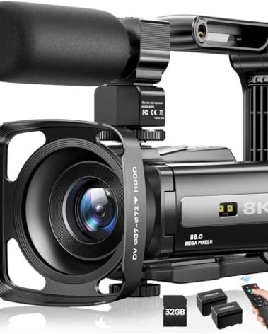 8K Video Camera Camcorder 88MP UHD WiFi Vlogging Cameras for YouTube 18X Digital Zoom IR Night Vision 3.0''Touch Screen Camera with 32GB Card, Microphone, Stabilizer, Lens Hood, Remote, Batteries
