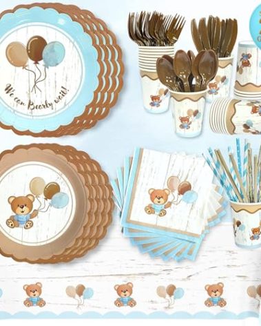 193 Pc Teddy Bear Baby Shower Decorations Tableware - We Can Bearly Wait Teddy Bear Plates, Cups, Napkins, Tablecloth, Straws, Cutlery - Serves 24