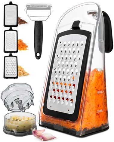 Cheese Grater with Garlic Crusher- Box Grater Vegetable Shredder with 3 Stainless Steel Blades - Graters for Kitchen- Cheese Graters with Handle - Garlic Mincer Tool and Vegetable Peeler