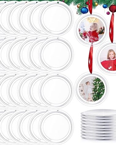 Tcevily 36 Pcs Christmas Clear Hanging Photo Frame Acrylic Picture Frames Ornament Mini Frames with Ribbon Xmas Picture Frame for Christmas Trees Decoration (36, Round)