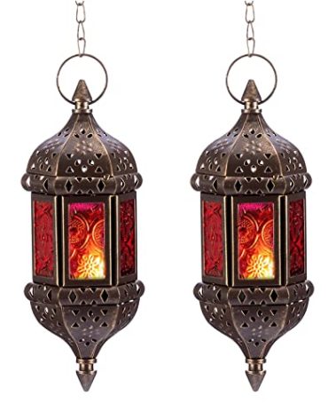 2 Pcs Hanging Hexagon Decorative Moroccan Candle Lantern Holders, Handmade Hanging Tea Light Holder in Bronze Metal & Red & Purple Glass Gift & Decor Items