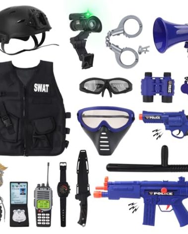 deAO Police Officer Costume for Kids Role Play Set with a Storage Backpack Vest Helmet Policeman Outfit Toys for Kids Halloween Birthdays Christmas Gift