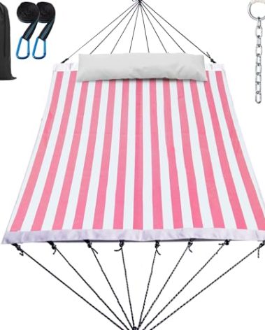 GAFETE 14ft Two Person Outdoor Hammock, Portable Camping with Folding Steel Spreader Bar, Carrying Bag, Carabiners, Tree Straps, Pillow & Sidebag, Quick Dry Textilene Fabric, 550 lbs Capacity (Blush)