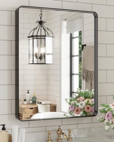 WEER Black Bathroom Mirror for Wall, 24X30 Inch Matte Black Mirror, Rectangular Black Metal Framed Vanity Mirror with Tempered Glass, Rounded Corner, Anti-Rust (Horizontal/Vertical)