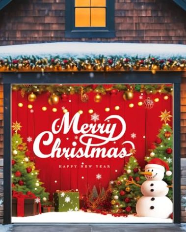 Christmas Garage Door Cover Decorations, 7x8 ft Holiday Garage Door Banner, Indoor and Outdoor Santa Winter Snowman Banner Garage Door Decoration