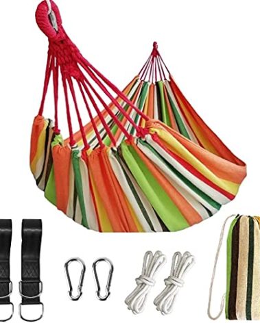 Double Brazilian Hammock 2 Person Canvas Cotton Fabric Hammock with Trees Strap for Patio Garden Balcony Porch Backyard Outdoor and Indoor