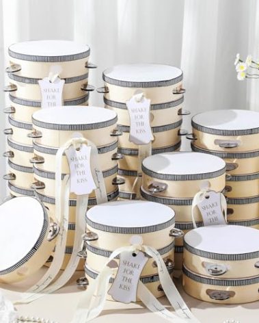 Lukmaa 36 Set 4 inch Tambourines Bulk for Adults Christmas Bulk Wooden Hand Held Drum with Metal Jingles, Tags, Tambourine Gift Musical Instrument for Church Wedding Party Favor(White Style)