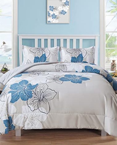 Menghomeus Floral Comforter Set Queen 3 Piece Blue Floral Pattern Printed on Grey Soft Microfiber Bedding Set Lightweight Bed Comforter Set for All Season (1 Comforter, 2 Pillowcases)