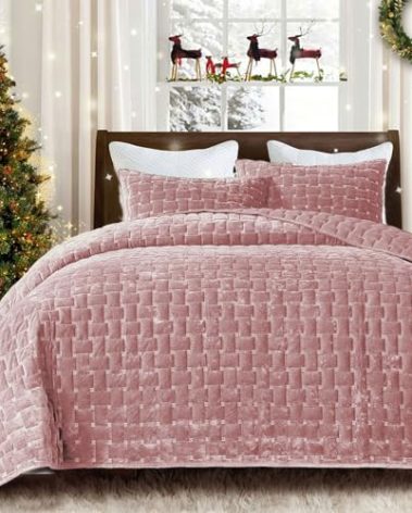 Grassix Luxury Velvet Quilt Set King Size, 3 Pieces Lightweight Velvet Comforter with Pillow Shams, Geometric Quilted Bedspread Coverlet Bedding Set for All Seasons, Blush Pink, 108"x96"