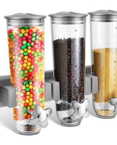 Umigy 1 Pcs Candy Dispenser Wall Mounted, Triple Dry Cereal Grain Dispenser Machine Wall Mount, Food Storage Container for Pantry Snack with 3 Cup for Kitchen, 39 oz (Gray)