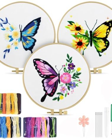 TINDTOP Embroidery Kit for Adult Beginners, 3 Sets Butterfly Flower Embroidery Stitch Practice Kit Include Embroidery Cloth Threads for Craft Lover with Embroidery Skill Techniques