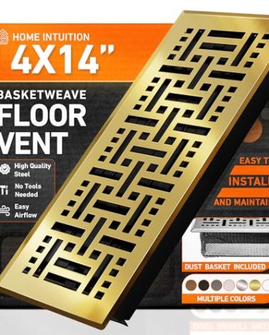 4X14 Floor Vent Covers Floor Register with Mesh Cover Trap, Heat and Air, Walkable Metal Floor Vent for HVAC Duct, Basketweave, Polished Brass