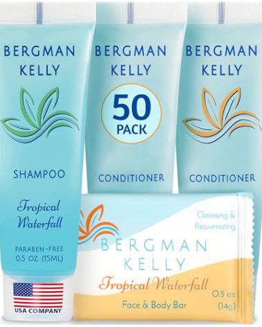 BERGMAN KELLY Rectangular Hotel Soap Bars, Shampoo & Conditioner 3-Pc Set (0.5 oz each, 150 pc, Tropical Waterfall), Delight Guests with Invigorating & Refreshing Bulk Travel Size Hotel Toiletries