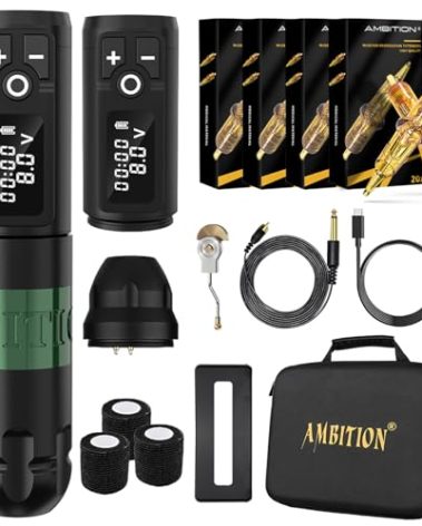 Ambition Soldier Wireless Tattoo Machine Kit Complete Rotary Coreless Motor Tattoo Pen Kit with Extra 2400mAh Battery 80pcs Glory Mixed Size Cartridge Needles Supply for Professional Tattoo Artist