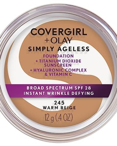COVERGIRL Simply Ageless Instant Wrinkle Defying Foundation, SPF 28, Hyaluronic Complex & Vitamin C - 245 Warm Beige, Pack of 1