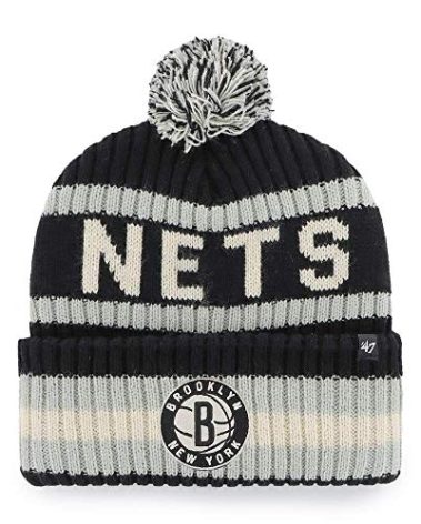 47 NBA Bering Cuffed Knit Pom Beanie Hat, Adult (Brooklyn Nets Black)