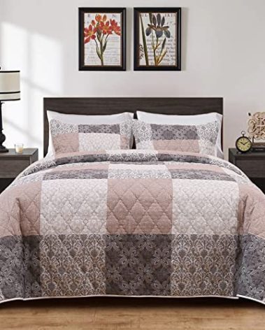 BALAPET Oversized King 128x120 Bedspread for California King Bed, Patchwork Plaid Grey Brown Coverlet Set with 2 Matching Shams, Soft Lightweight Quilted Bedding Set for All Season