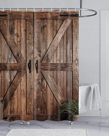 Jipusai Rustic Barn Door Shower Curtain Set for Bathroom, Farmhouse Western Bathroom Decor Curtains, Vintage Countryside Brown Wood Board Waterproof Fabric Bath Curtains with Hooks 70 x72 inch