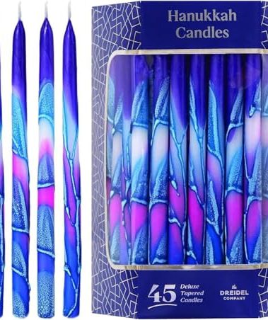 The Dreidel Company 45 Dripless Hanukkah Candles Blue and Pink Multi Splash, Premium Tapered Hand Decorated 1-Hour Burn Time Deluxe Tapered Hanukkah Candles