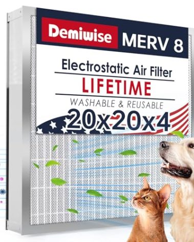 Demiwise 20x20x4 Washable Electrostatic Air Filter, MERV 8 Aluminum AC/HVAC Furnace Filter, Reusable Permanent Air Filter, Lasts a Lifetime, Increases Airflow（Actual Size:19.37"x 19.37"x3.58")