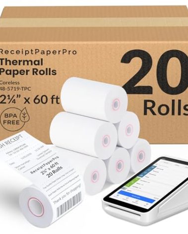 ReceiptPaperPro 2 1/4” x 60 ft Coreless Thermal Paper Receipt Rolls for Square Terminal, 20 Rolls