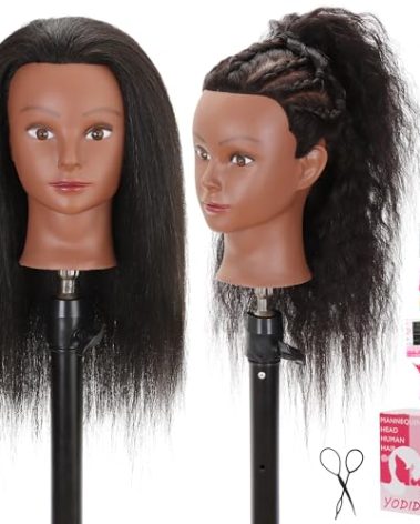 YODIDI Mannequin Head with 100% Human Hair, Manikin Head Human Hair Cosmetology Doll Head for Hair Styling Hairdresser Practice Braiding with Table Clamp Stand and Tools (16 inch)