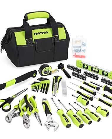 FASTPRO 220-Piece Home Tool Set, Household Repairing Tool Kit, with 12-Inch Wide Mouth Open Storage Tool Bag, Green