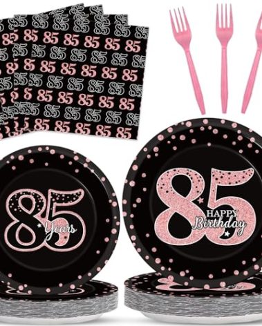 96 Pieces 85th Birthday Party Plates Rose Gold Cheers to 85 Years Theme Party Decorations for Women Paper Plates and Napkins Happy 85th Birthday Disposable Dessert Tableware Set Supplies 24 Guests