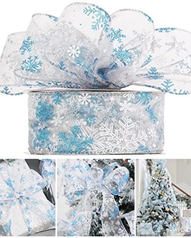 AIMUDI Blue and Silver Ribbon for Christmas Tree 2.5" Organza Snowflake Wired Ribbon for Gift Wrapping Wreaths Garlands Holiday Crafts Tree Topper Bows Home Decor - 50 Yards