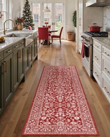 PureCozy Christmas Runner Rug 2x6 Red Washable Hallway Carpet Retro Floral Holiday Decorative Non Slip Low Pile Soft Throw Long Xmas Rug for Kitchen Bedroom Bathroom