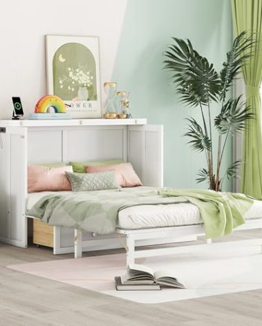 KEIKI Full Size Cabinet Murphy Bed with Charging Station and Drawers, Multiple Storage Foldable Hideaway Wall Murphy Bed Frame with Solid Slats, No Box Spring Needed, Easy Assembly, for Bedroom, White