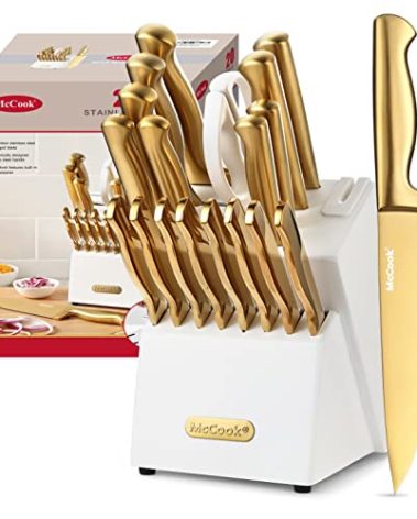 McCook® Kitchen Knife Sets, Golden Titanium Stainless Steel Knives Block Set with Built-in Sharpener