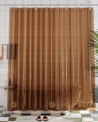 AmazerBath Premium EVA Shower Curtain Amber, Luxury Clear Brown Jelly-Like Soft Waterproof Shower Curtain with 3 Weighted Stones and 12 Grommets, Recyclable Packaging