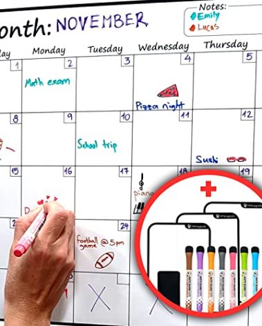 Large Dry-Erase Magnetic Monthly Calendar + Free Bonus: 3 Grocery/to-Do List Whiteboards (Organizer/Planner) for Kitchen Fridge - Full Set: 8 Markers + Eraser | Stain Free | Horizontal
