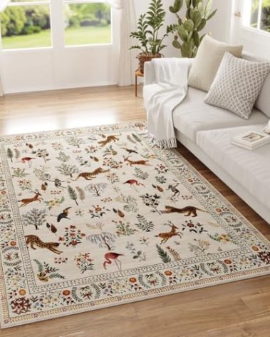 Rugcomf Area Rug 4x6 Rug Washable Boho Rugs Non Slip Low Pile Floral Animal Small Carpet for Bedroom, Bedside, Kids Room, Office, Dining Room (Beige)