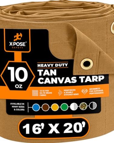Xpose Safety Canvas Tarp - 10oz Tan Canvas Tarps Heavy Duty Water Resistant with Brass Grommets- Multipurpose Outdoor Tarpaulin for Camping, Canopy, Trailer, Equipment Cover 16' x 20'