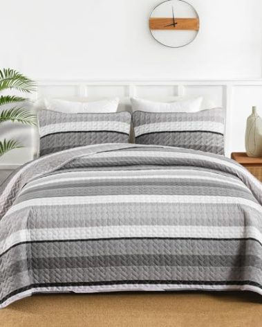 DJY Grey Striped Quilt Set King Size, Gray Stripe Boho Patchwork Bedspread Coverlet Set Soft Microfiber Bohemian Quilt Bedding Set 3 Pieces for All Season