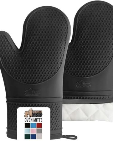 GORILLA GRIP BPA-Free Soft Silicone Oven Mitts, Heat Resistant and Waterproof Cooking Safety Gloves, Thick Cotton Lining, Flexible Gripping, Kitchen Potholders Set, for Grilling, BBQ, 12.5x8.3, Black