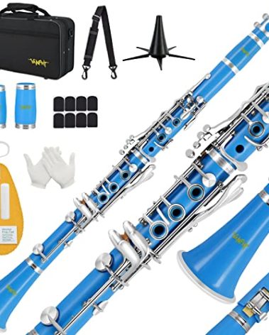 Bb Clarinet For Beginners Students B Flat Clarinet 17 Keys Clarinets with Case Stand Strap 2 Barrels 8 Mouthpiece Cushion White Gloves Cleaning Kit(Blue)