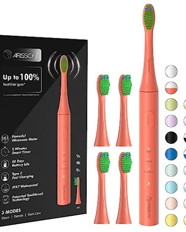 ARISSON Sonic Electric Toothbrush for Adults and Kids, 40,000 VPM Power Toothbrush, 1.5H Fast Charge Ultrasonic Electric Toothbrushes with 2 Minutes Smart Timer, 1.6 Oz Travel Toothbrush, Peach Orange