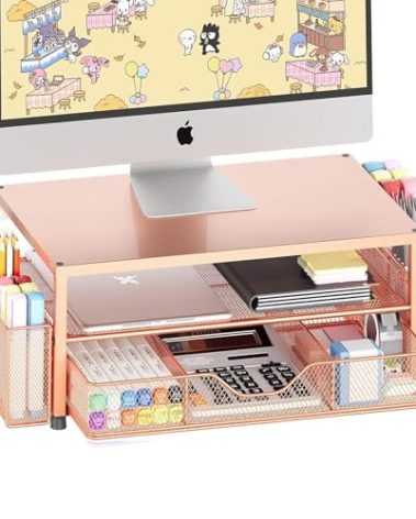 OPNICE Desk Organizers and Accessories, 2-Tier Computer Monitor Stand with Drawer and 2 Pen Holders, Laptop Stand, Office Desk Accessories for Office Supplies, Rose Gold
